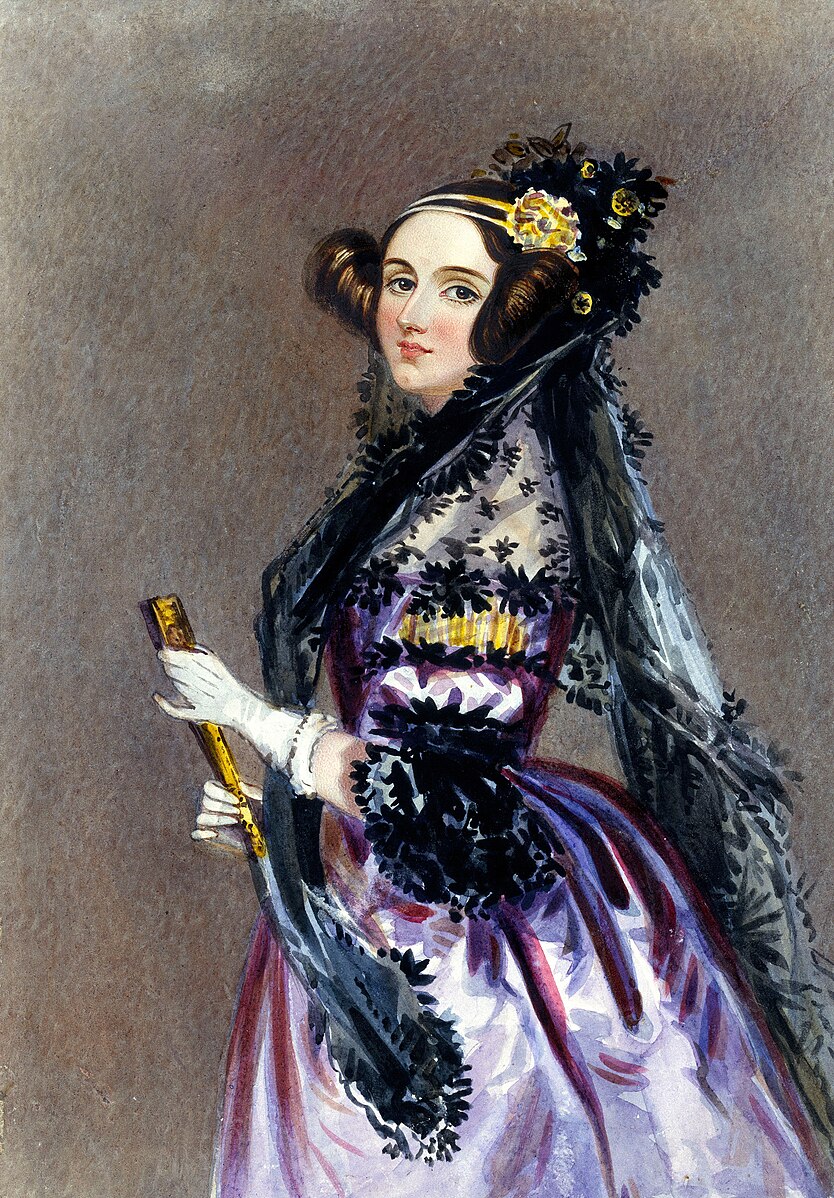 watercolor painting of Ada Lovelace in a purple gown holding a fan